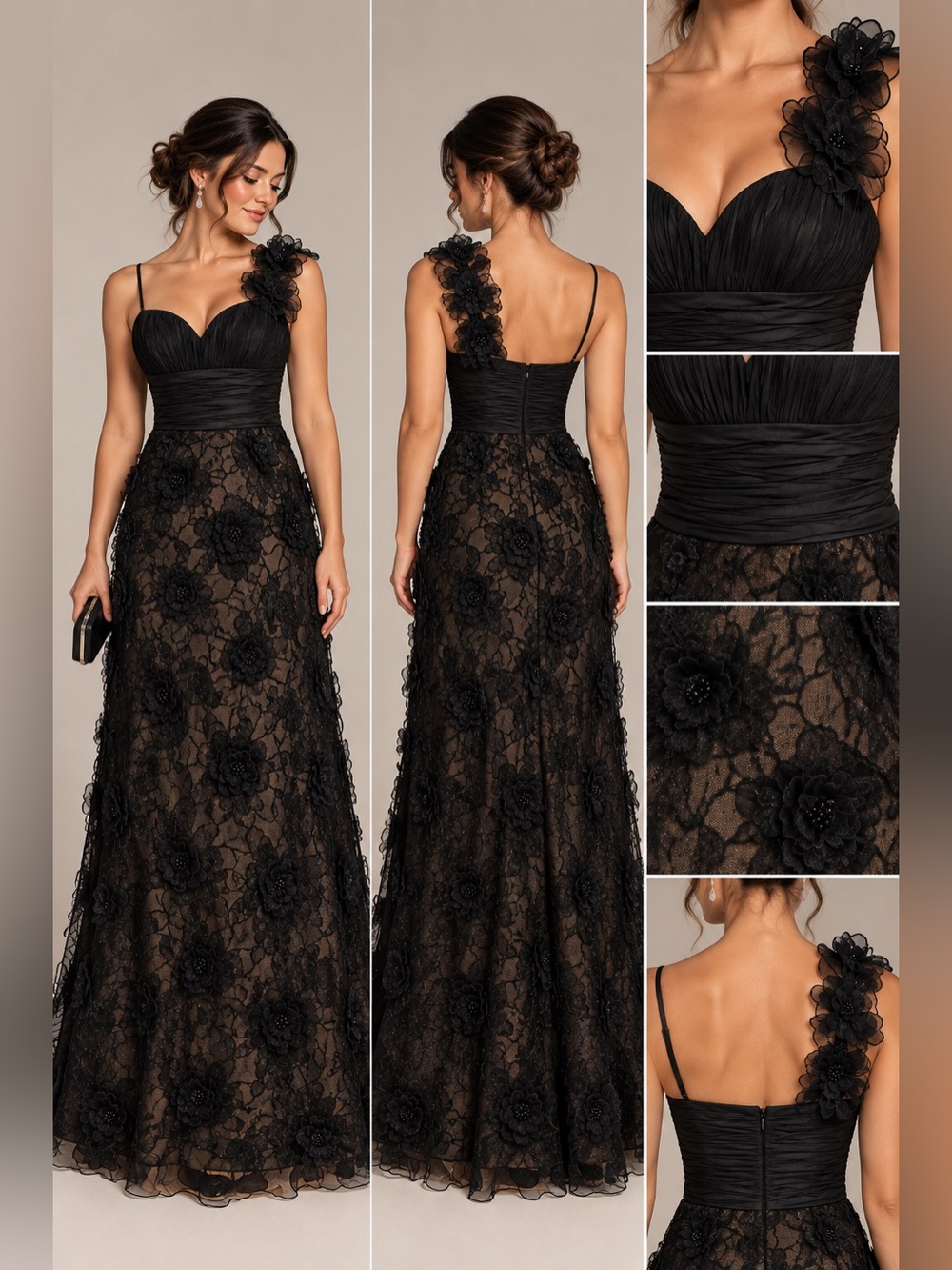 Jovani Black Floral Appliqué One-Shoulder Evening Gown – Formal Dress Size XS